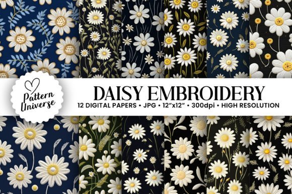 Daisy Embroidery Flowers Digital Papers